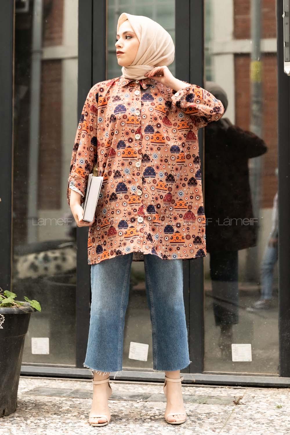 Modalamelif Etnik Desen Baskılı Gömlek Soft Kahve