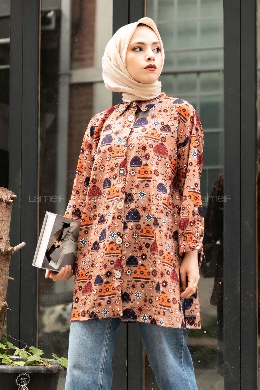 Modalamelif Etnik Desen Baskılı Gömlek Soft Kahve