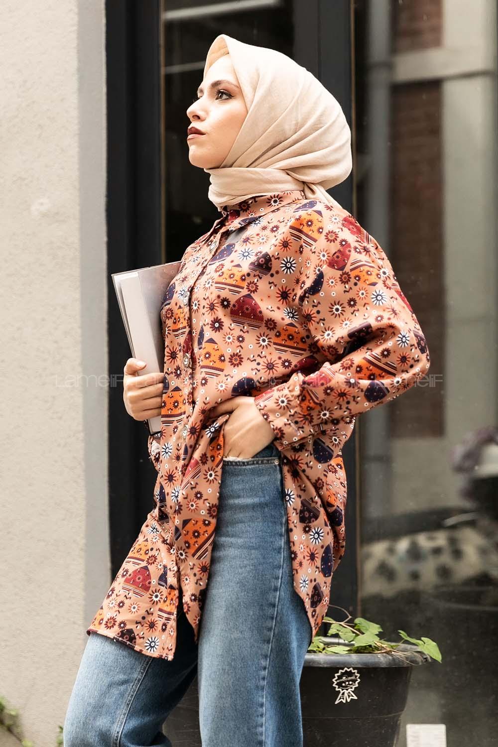 Modalamelif Etnik Desen Baskılı Gömlek Soft Kahve