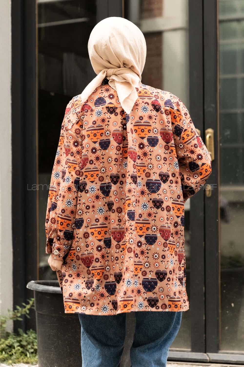 Modalamelif Etnik Desen Baskılı Gömlek Soft Kahve