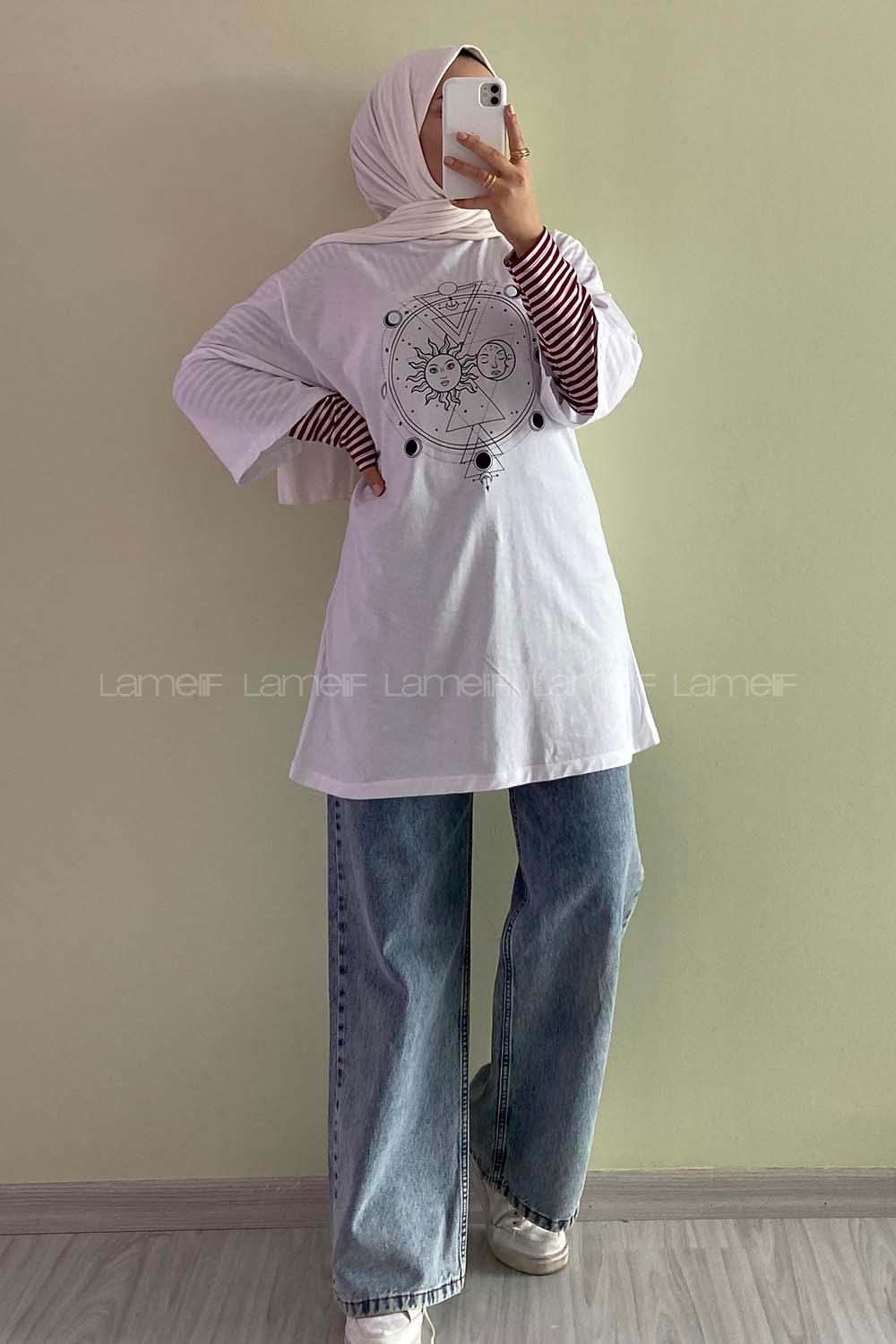 Modalamelif Güneş  Baskılı Oversize T-Shirt  Beyaz