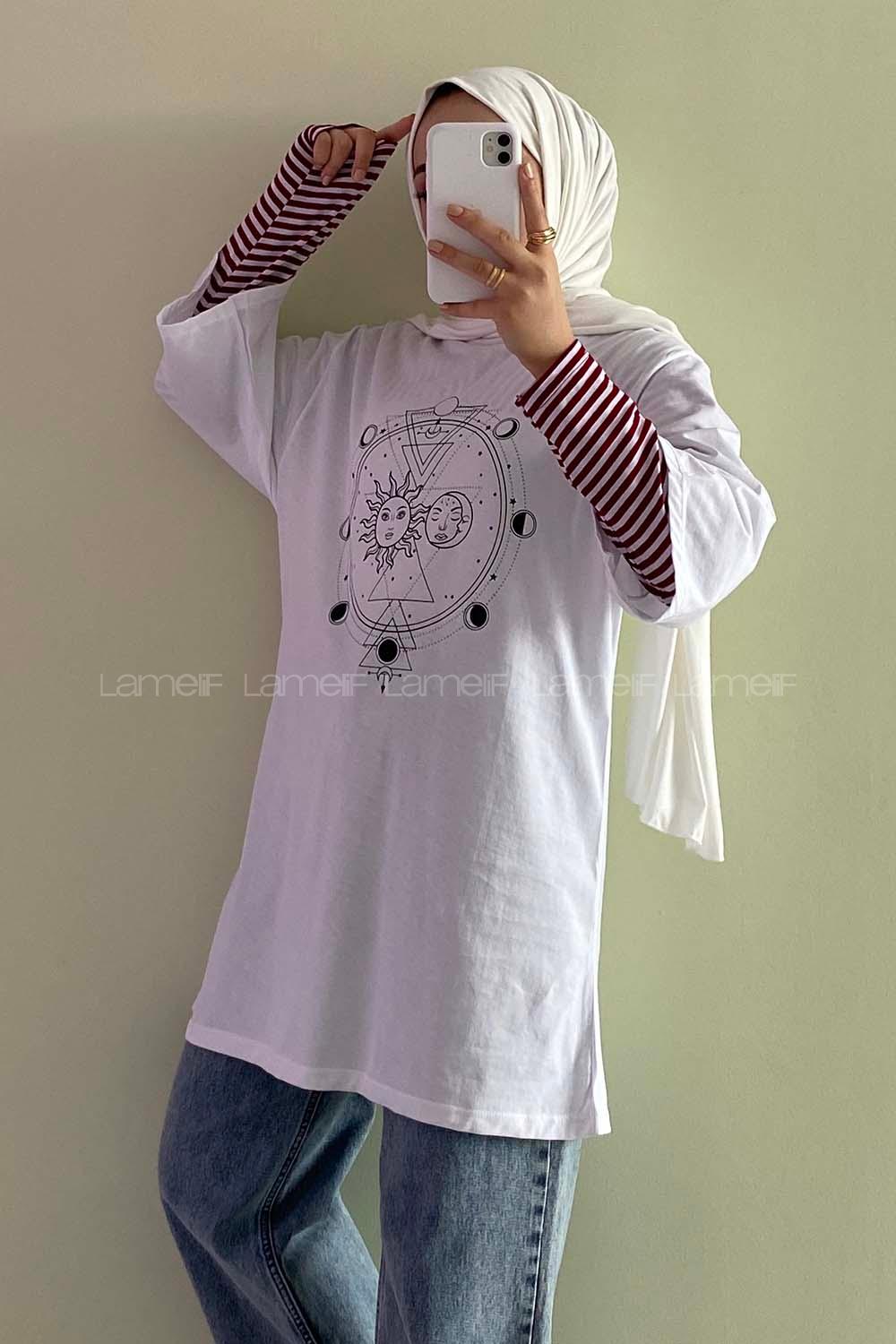 Modalamelif Güneş  Baskılı Oversize T-Shirt  Beyaz