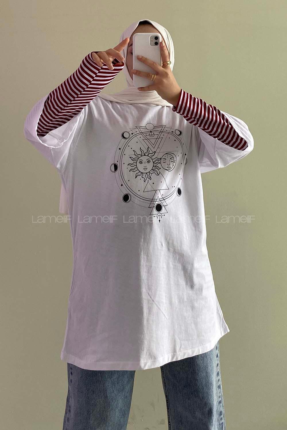 Modalamelif Güneş  Baskılı Oversize T-Shirt  Beyaz