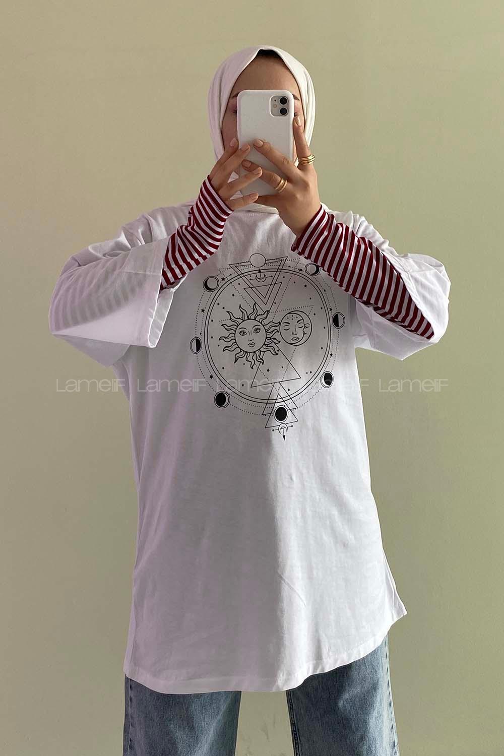 Modalamelif Güneş  Baskılı Oversize T-Shirt  Beyaz