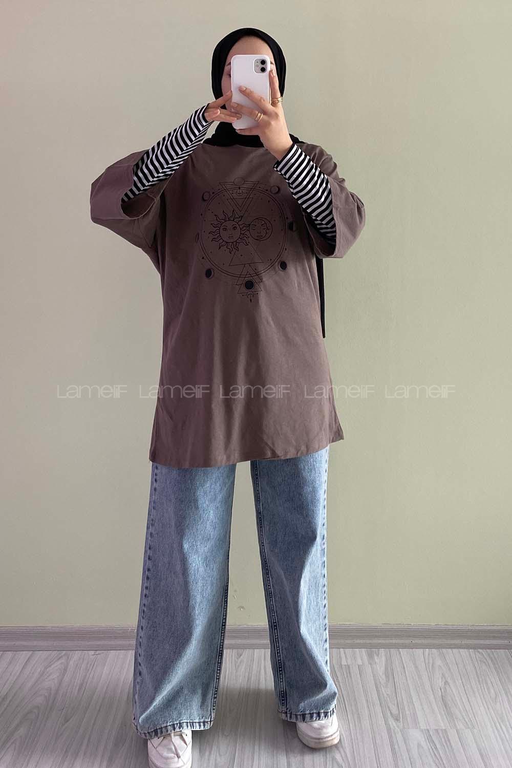 Modalamelif Güneş Baskılı Oversize T-Shirt  Kahverengi