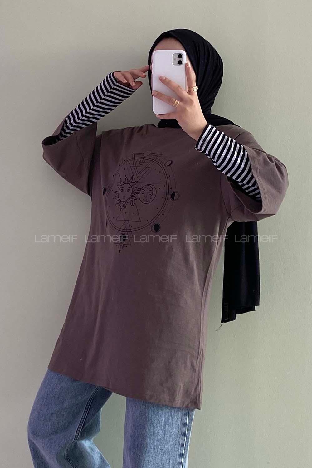 Modalamelif Güneş Baskılı Oversize T-Shirt  Kahverengi