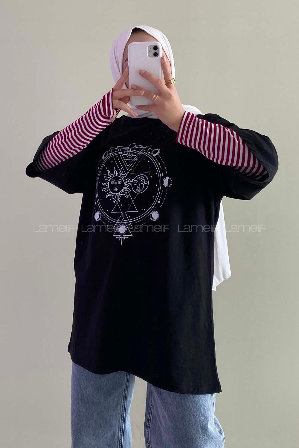 Modalamelif Güneş Baskılı Oversize T-Shirt  Siyah