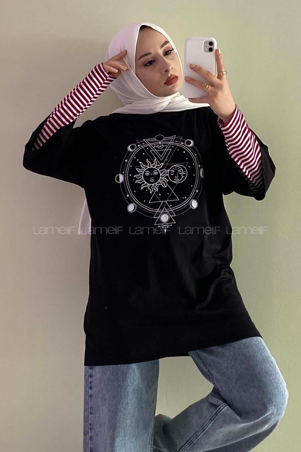 Modalamelif Güneş Baskılı Oversize T-Shirt  Siyah