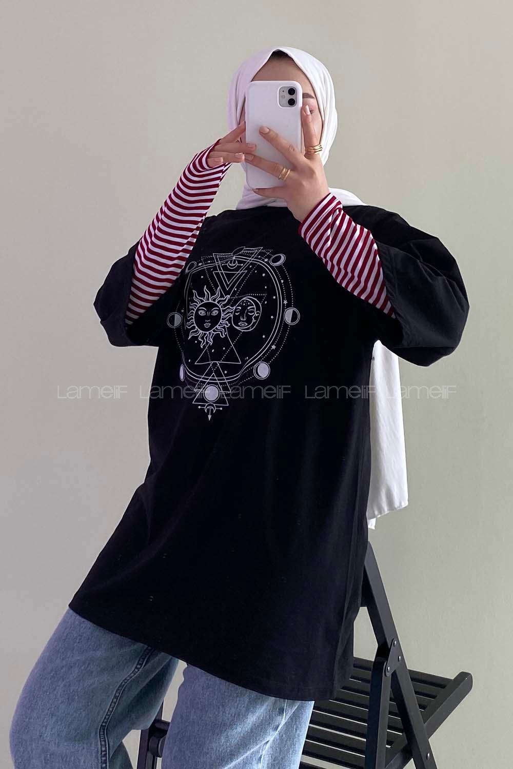 Modalamelif Güneş Baskılı Oversize T-Shirt  Siyah