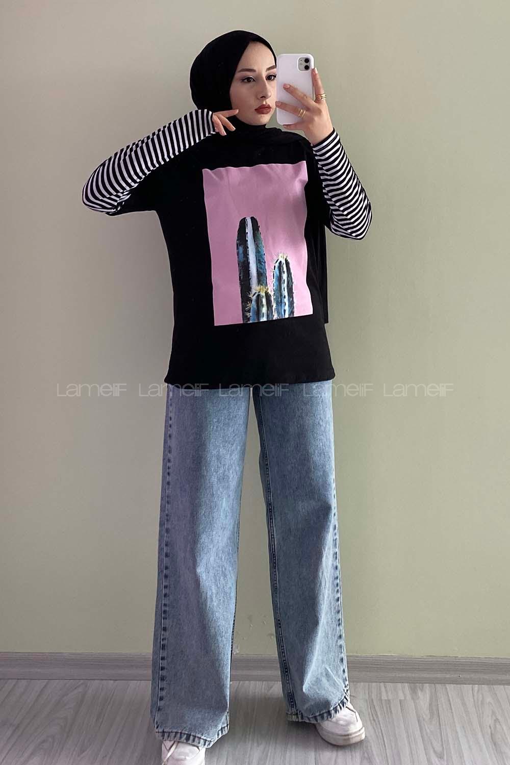 Modalamelif Kaktüs BaskılI Oversize T-Shirt Siyah