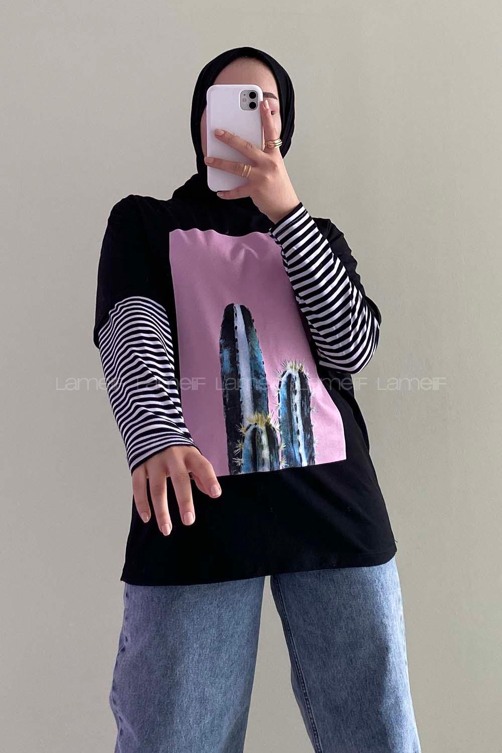 Modalamelif Kaktüs BaskılI Oversize T-Shirt Siyah