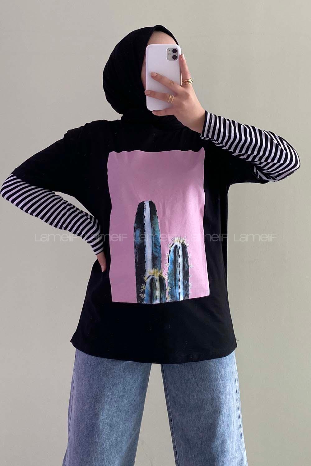 Modalamelif Kaktüs BaskılI Oversize T-Shirt Siyah