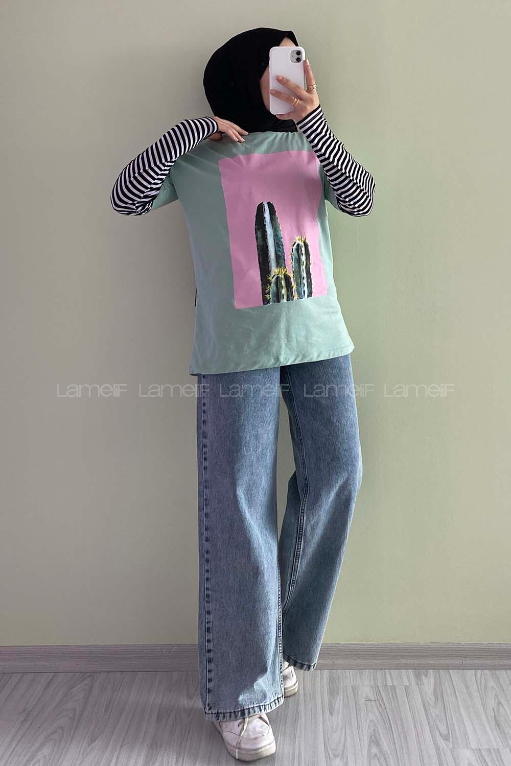 Modalamelif Kaktüs BaskılI Oversize T-Shirt  Su Yeşili