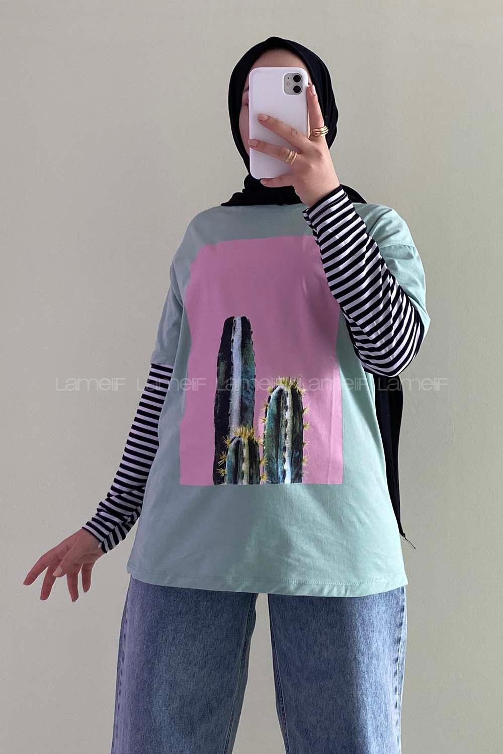 Modalamelif Kaktüs BaskılI Oversize T-Shirt  Su Yeşili