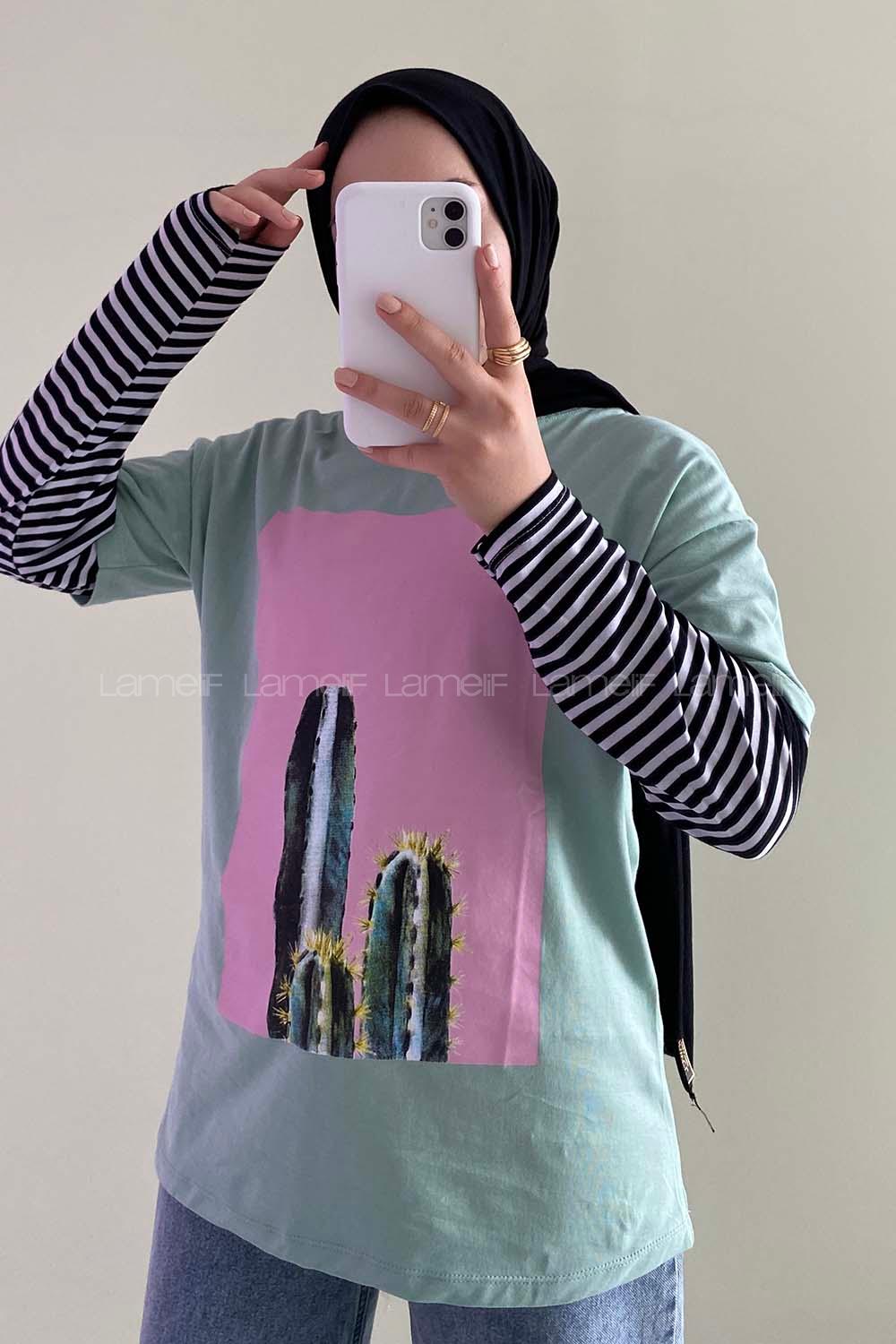 Modalamelif Kaktüs BaskılI Oversize T-Shirt  Su Yeşili