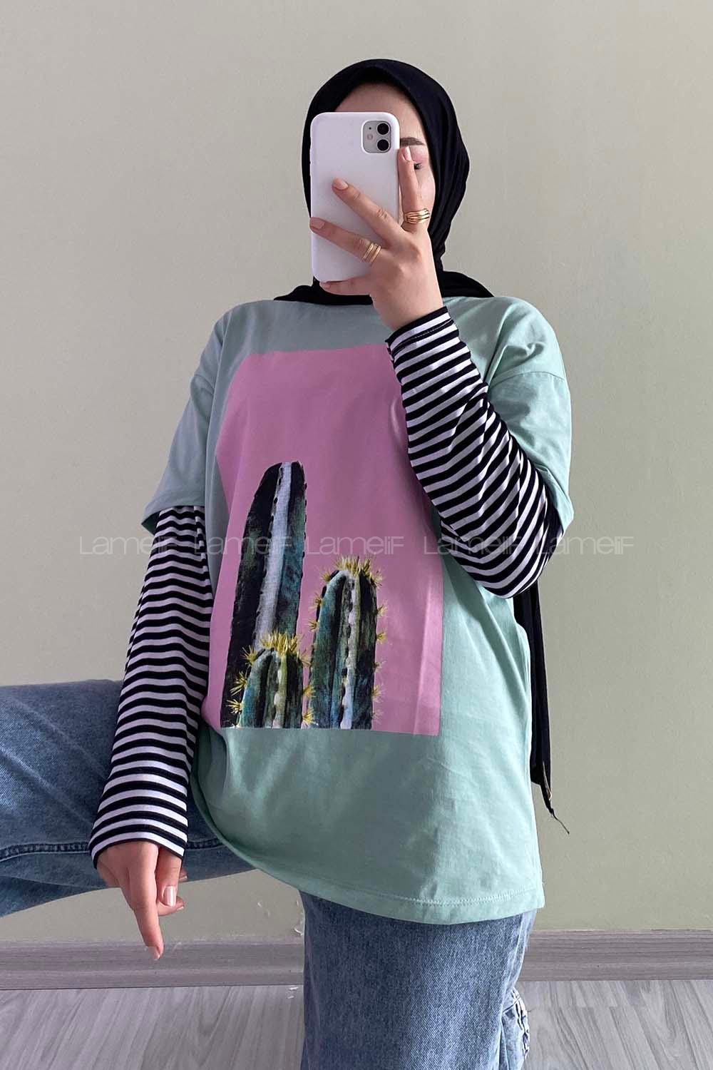 Modalamelif Kaktüs BaskılI Oversize T-Shirt  Su Yeşili