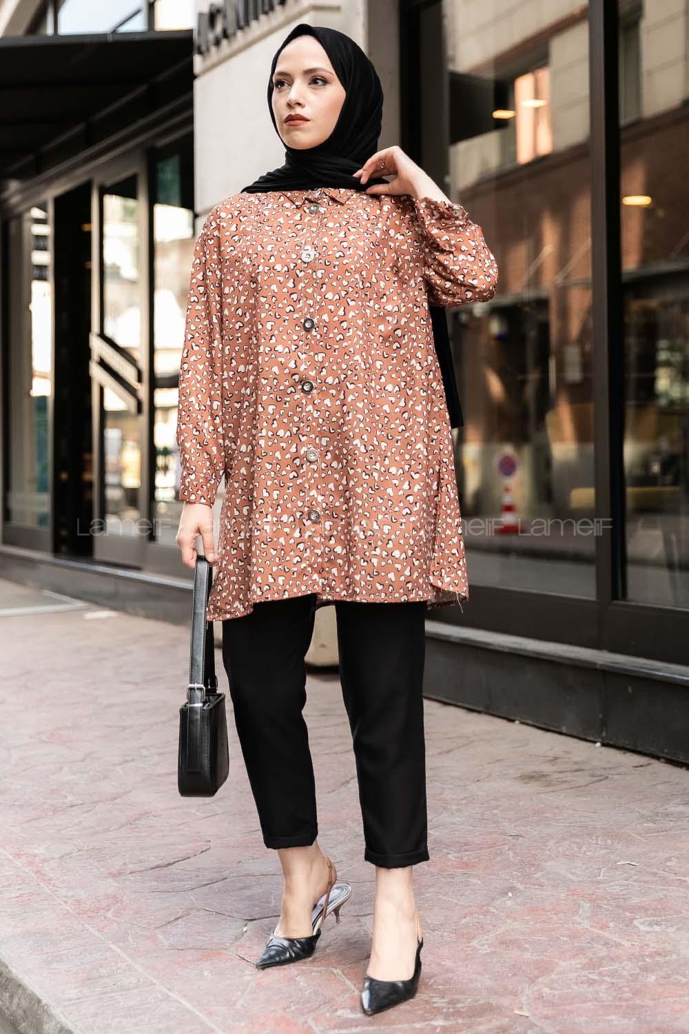 Modalamelif Kalp Desen Baskılı Gömlek Taba