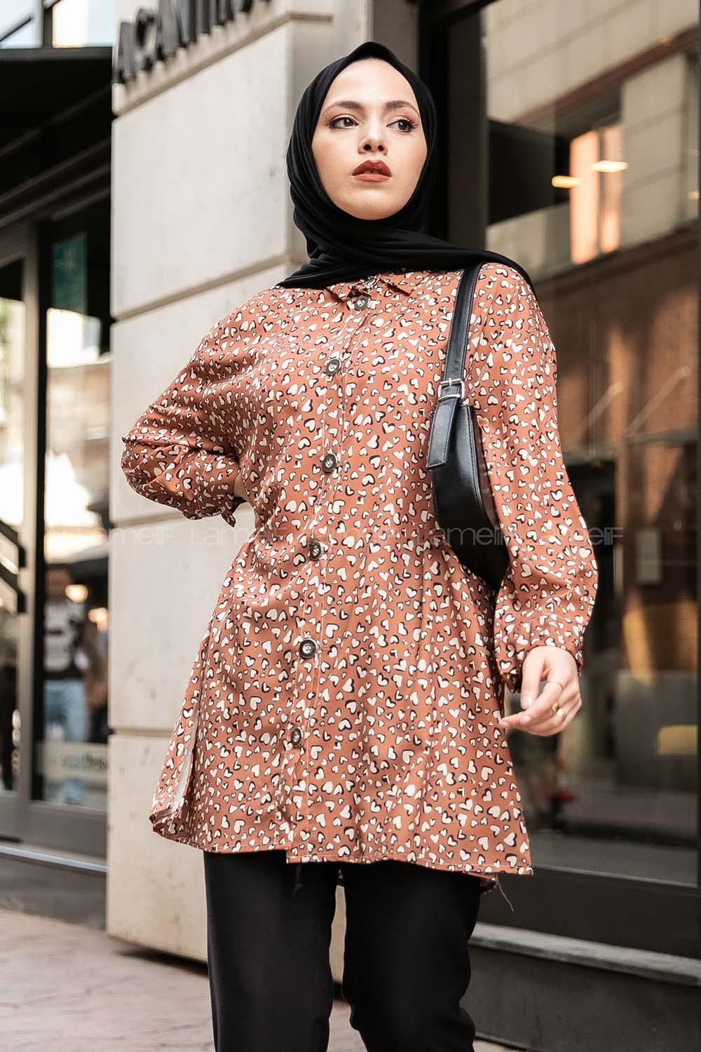 Modalamelif Kalp Desen Baskılı Gömlek Taba