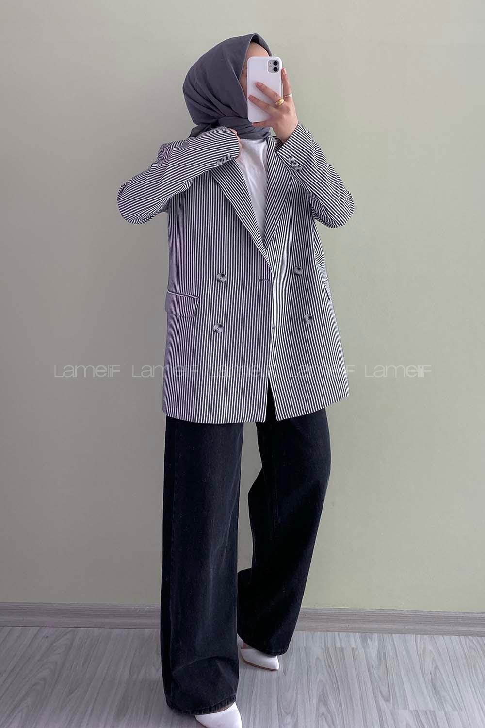 Modalamelif Kapak Cep Detaylı Çizgili Düğmeli Ceket Siyah