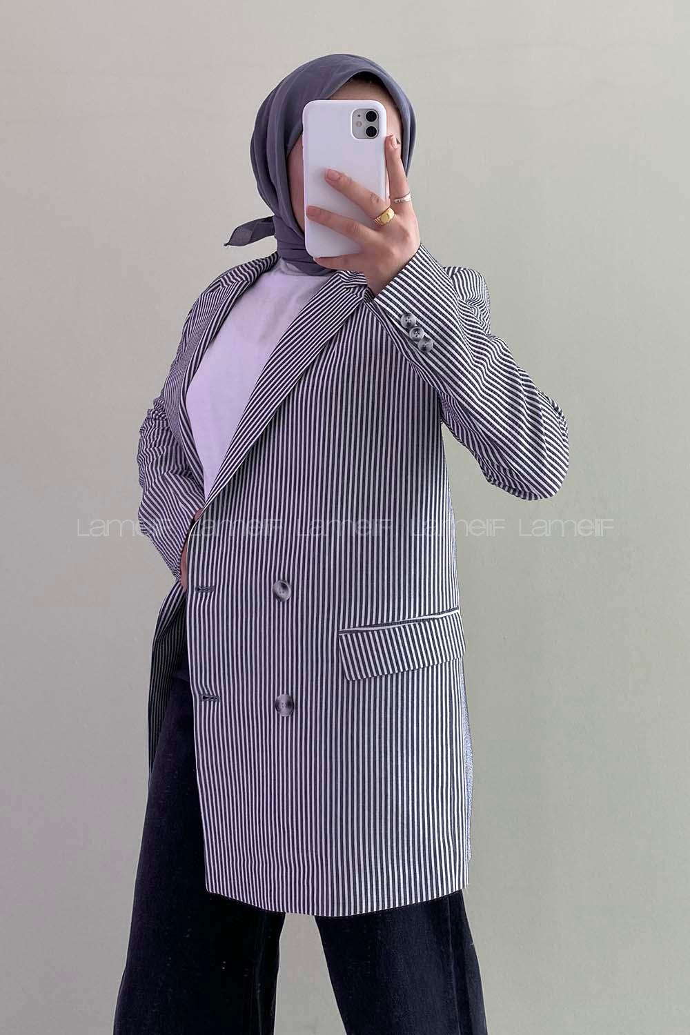 Modalamelif Kapak Cep Detaylı Çizgili Düğmeli Ceket Siyah