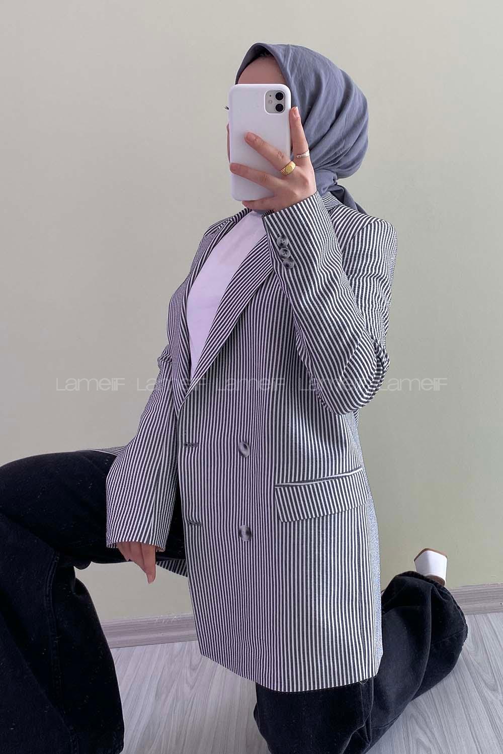 Modalamelif Kapak Cep Detaylı Çizgili Düğmeli Ceket Siyah