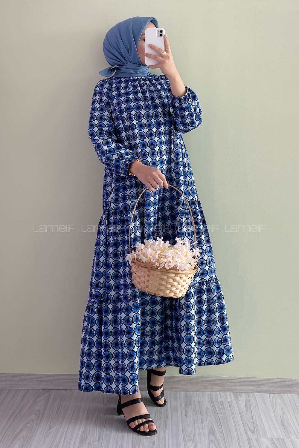 Modalamelif Kol Lastikli Desenli Elbise İndigo