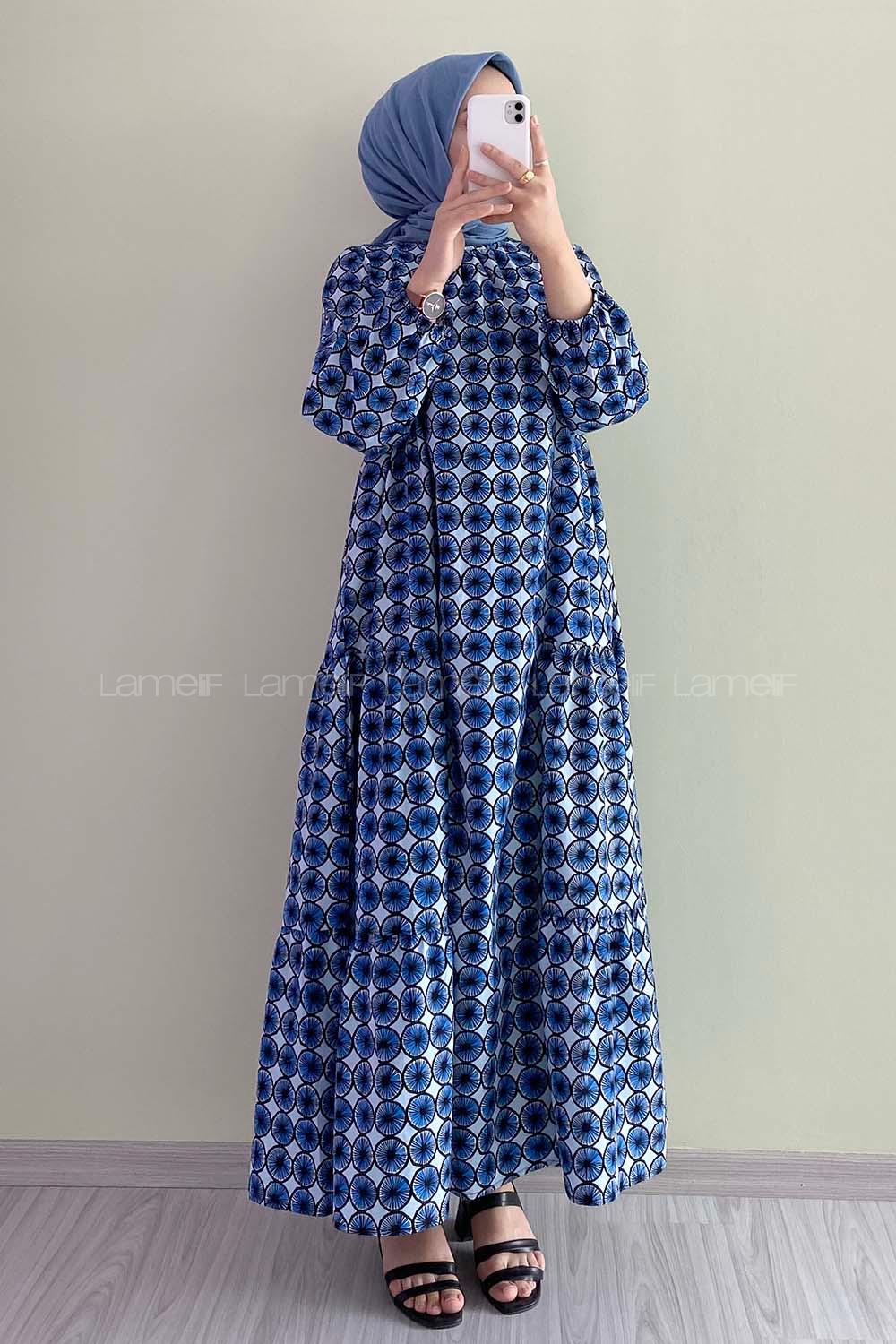 Modalamelif Kol Lastikli Desenli Elbise İndigo