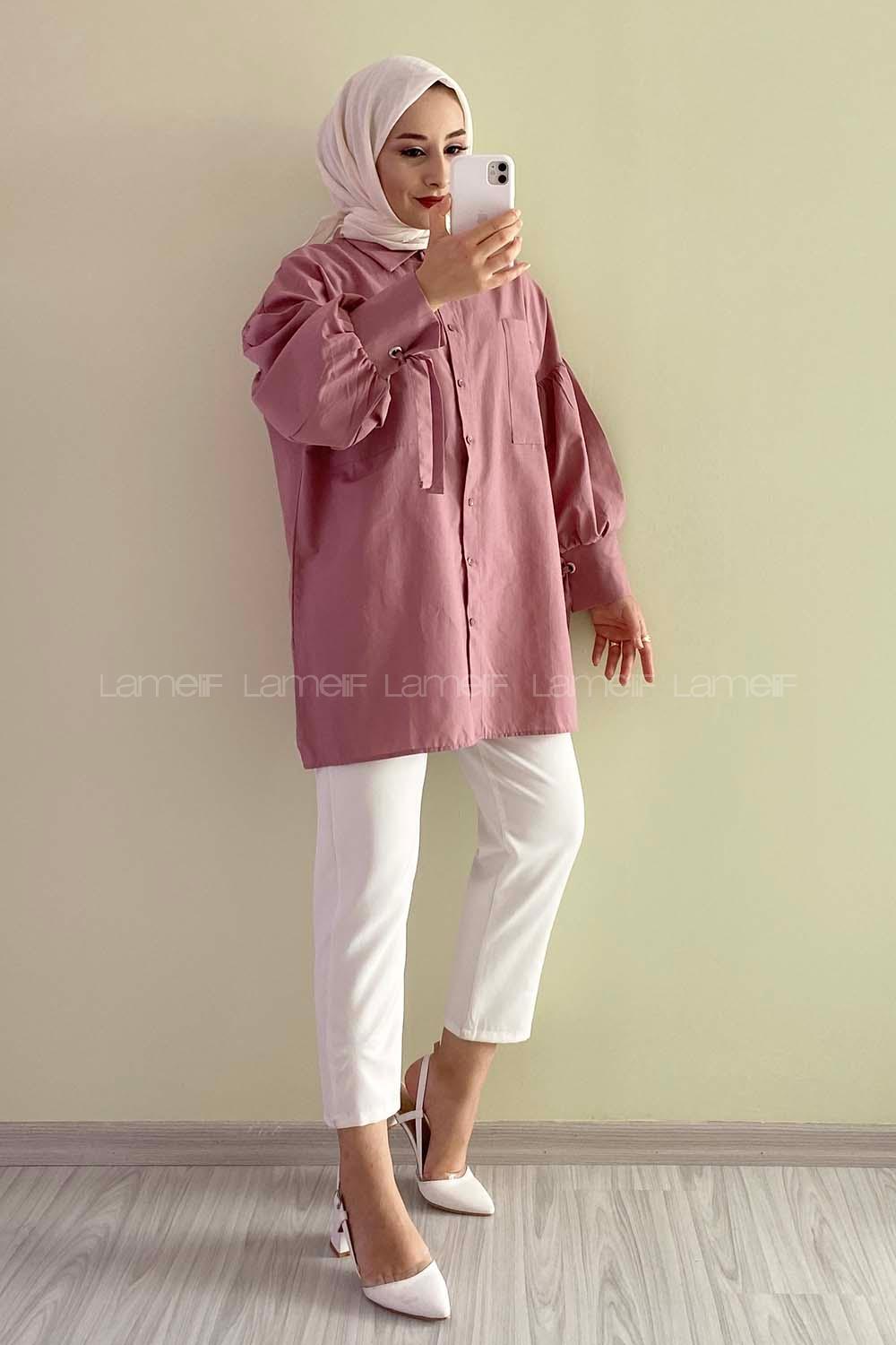 Modalamelif Kuşgözü Bağcıklı Çift Cepli Gömlek Açık Mor