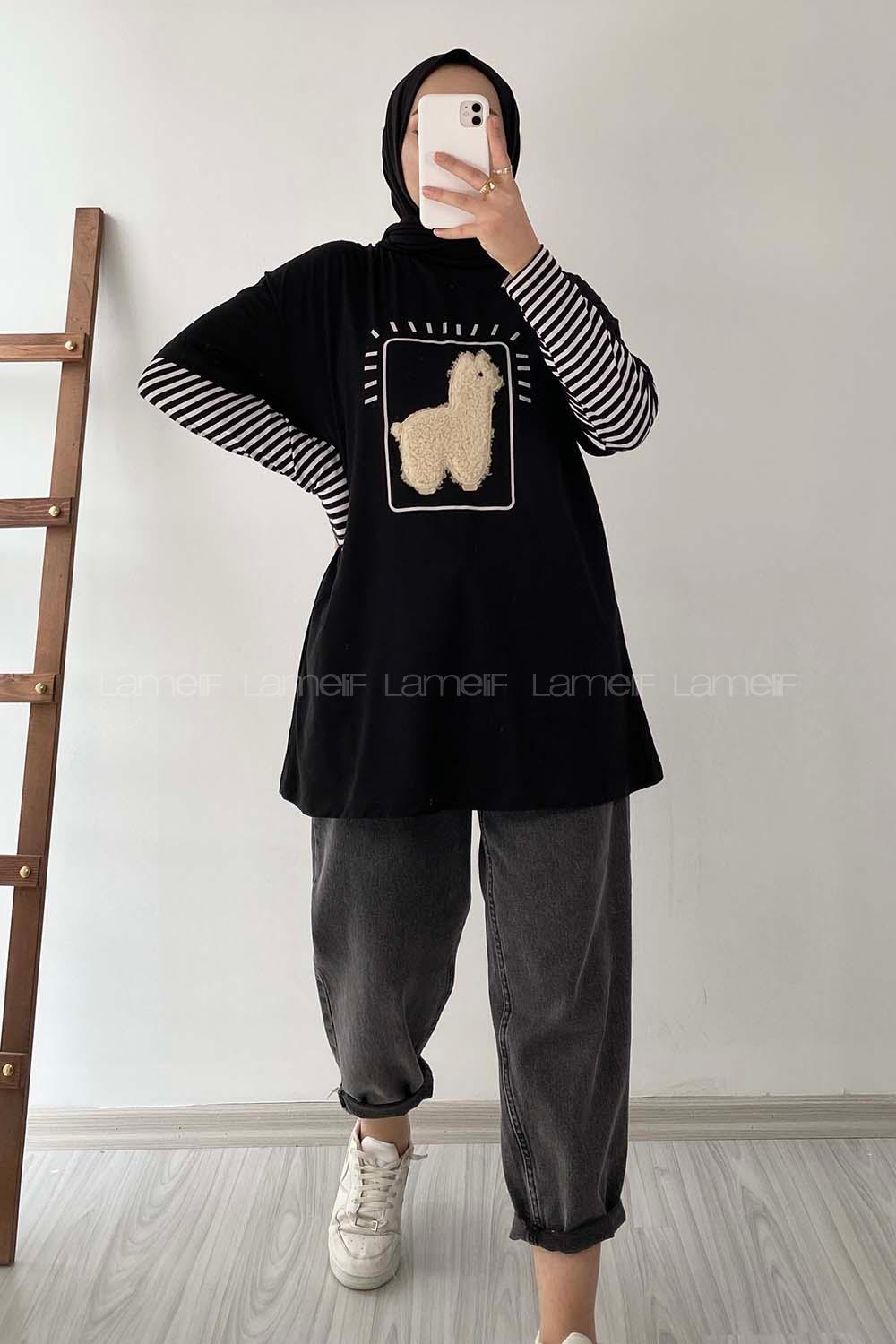 Modalamelif Lama Baskılı Oversize T-Shirt  Siyah