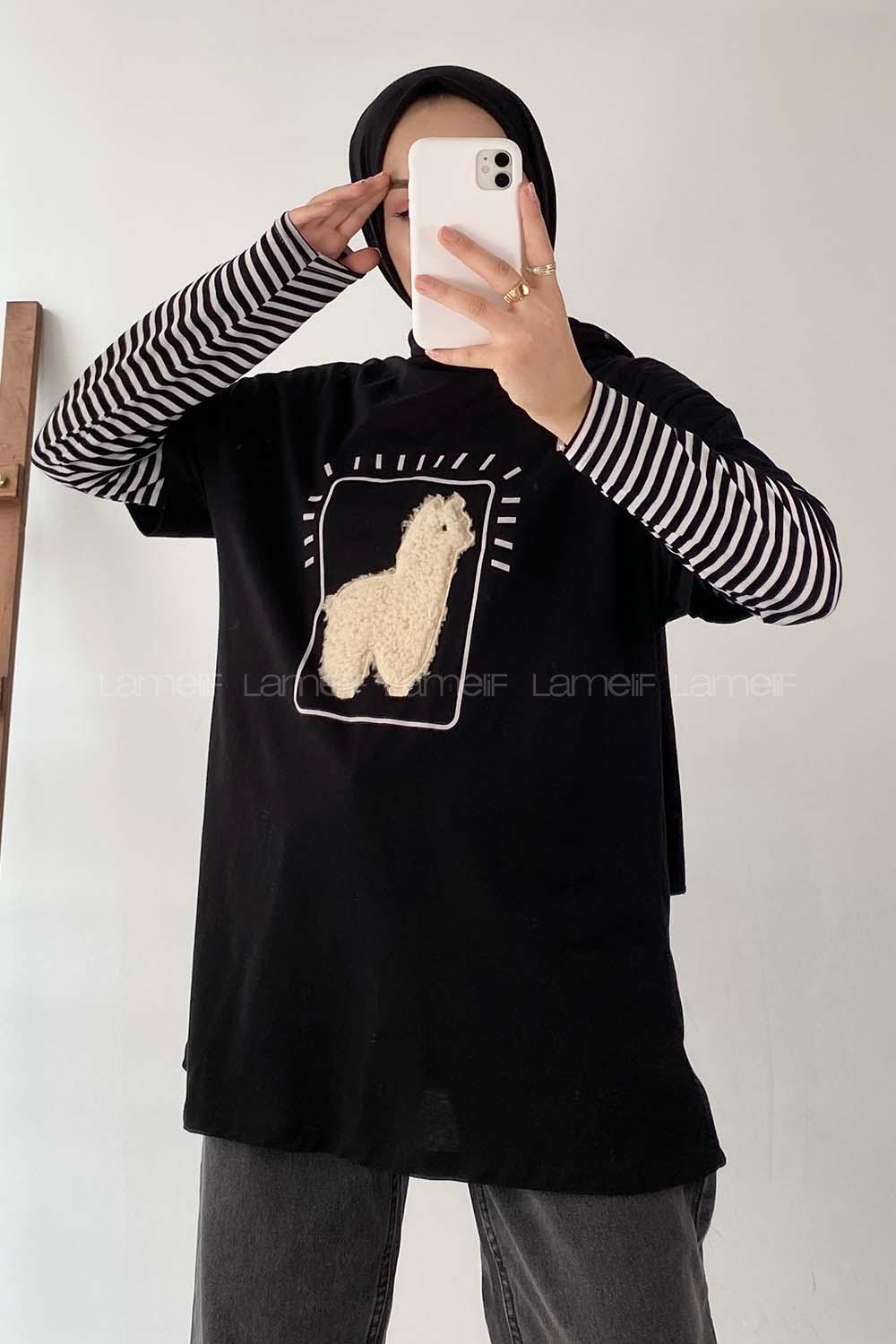 Modalamelif Lama Baskılı Oversize T-Shirt  Siyah