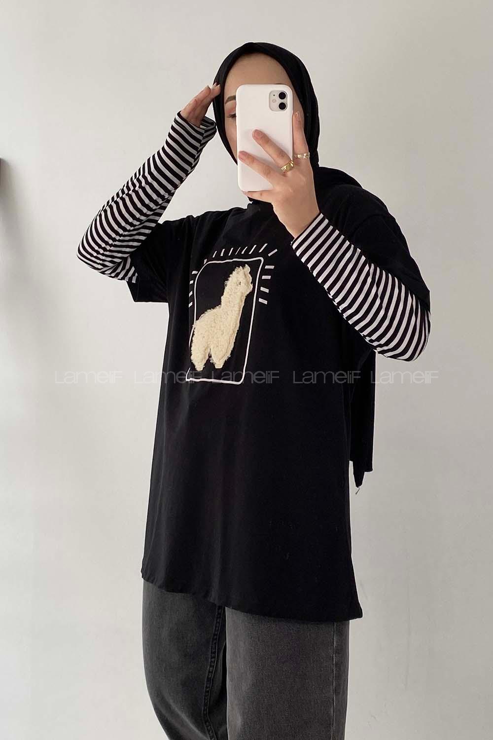 Modalamelif Lama Baskılı Oversize T-Shirt  Siyah