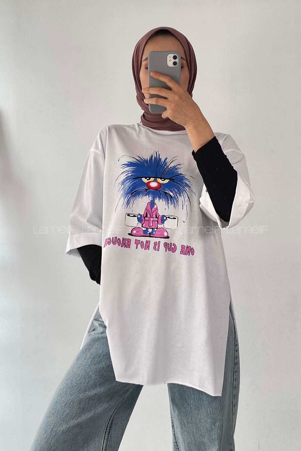 Modalamelif One Cup Is Yazılı Baskılı Oversize T-Shirt Beyaz