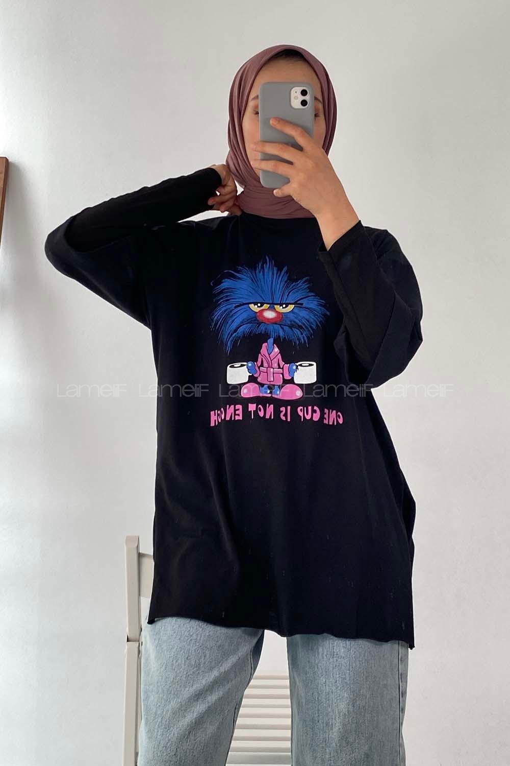 Modalamelif One Cup Is Yazılı Baskılı Oversize T-Shirt Siyah