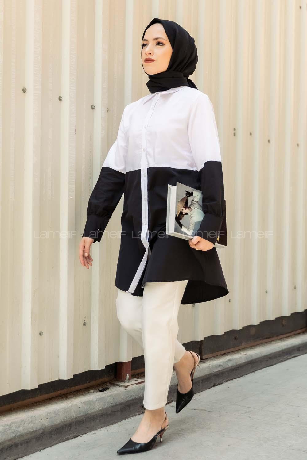 Modalamelif Önü Boydan Düğmeli Renk Garnili Gömlek Siyah