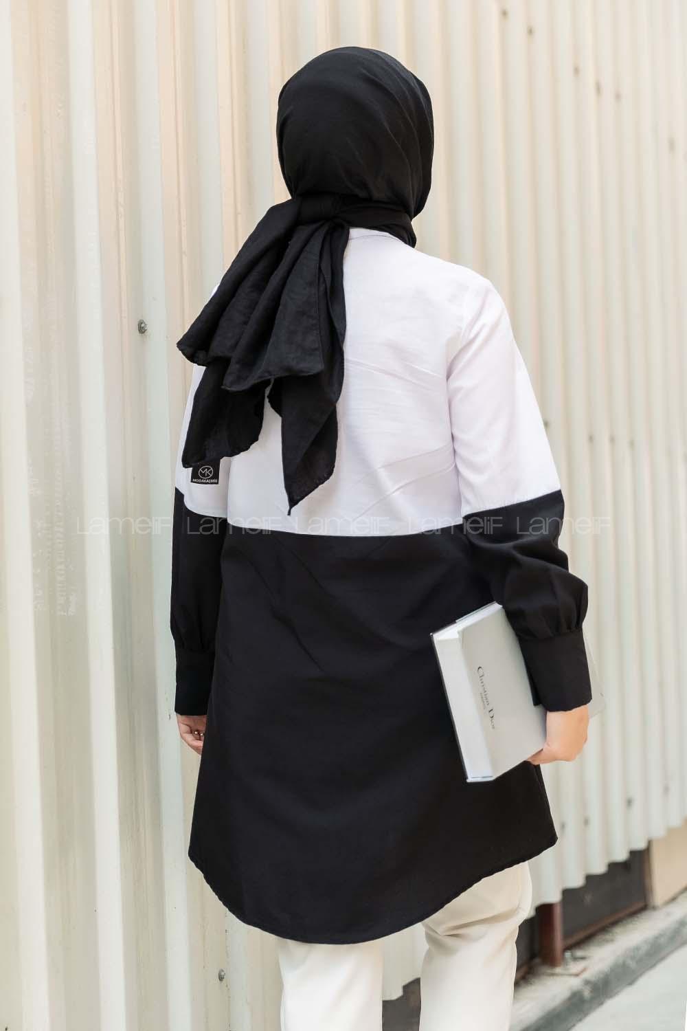 Modalamelif Önü Boydan Düğmeli Renk Garnili Gömlek Siyah