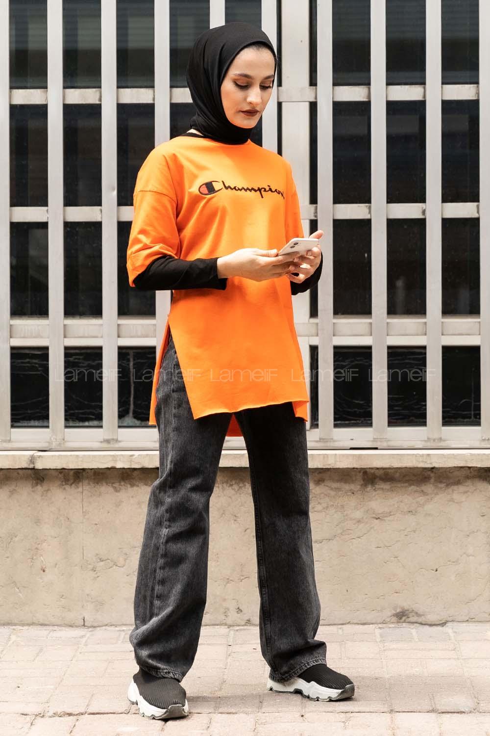 Modalamelif Önü Champion Nakışlı Bisiklet Yaka T-Shirt Oranj