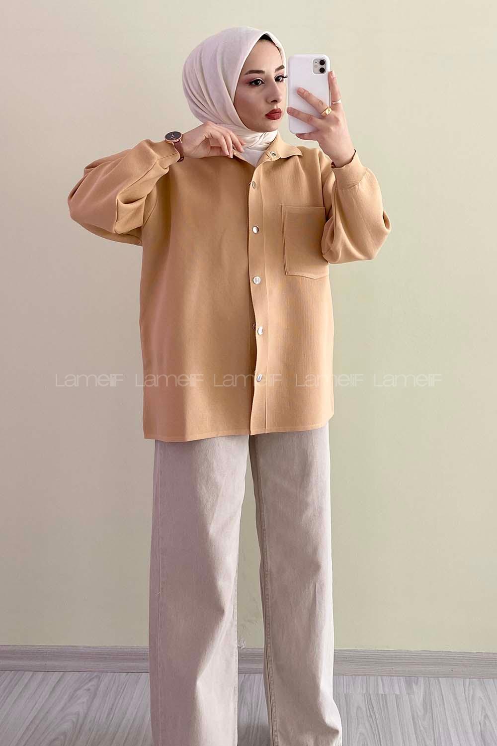 Modalamelif Önü Çıt Çıt Düğmeli Tek Cep Detaylı Hırka Camel