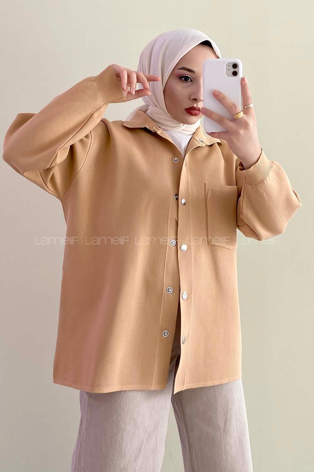 Modalamelif Önü Çıt Çıt Düğmeli Tek Cep Detaylı Hırka Camel