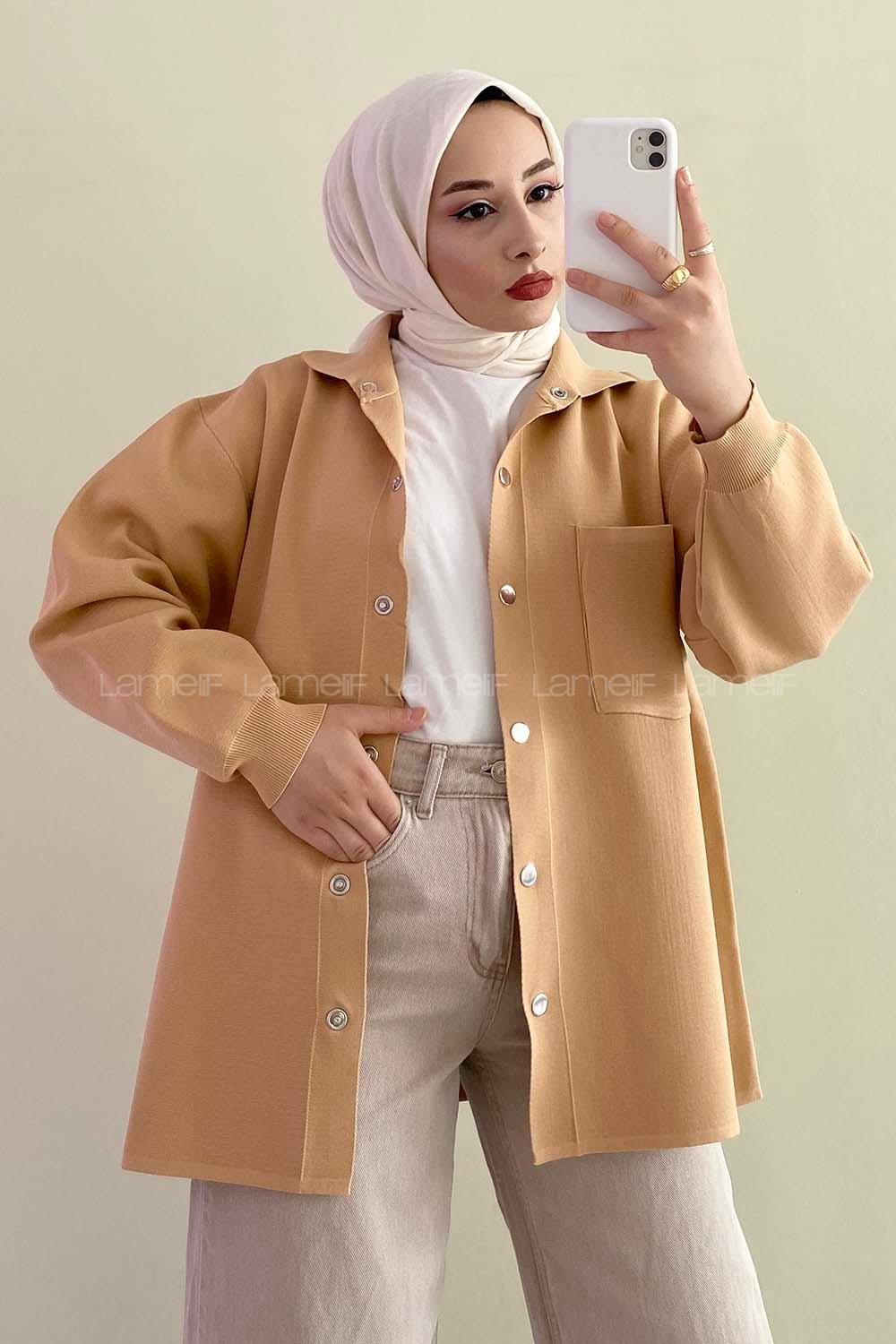 Modalamelif Önü Çıt Çıt Düğmeli Tek Cep Detaylı Hırka Camel
