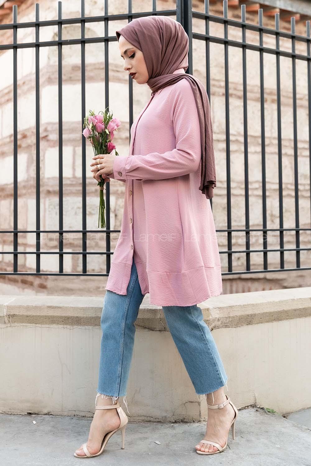 Modalamelif Önü Düğmeli Ayrobin Gömlek Pudra