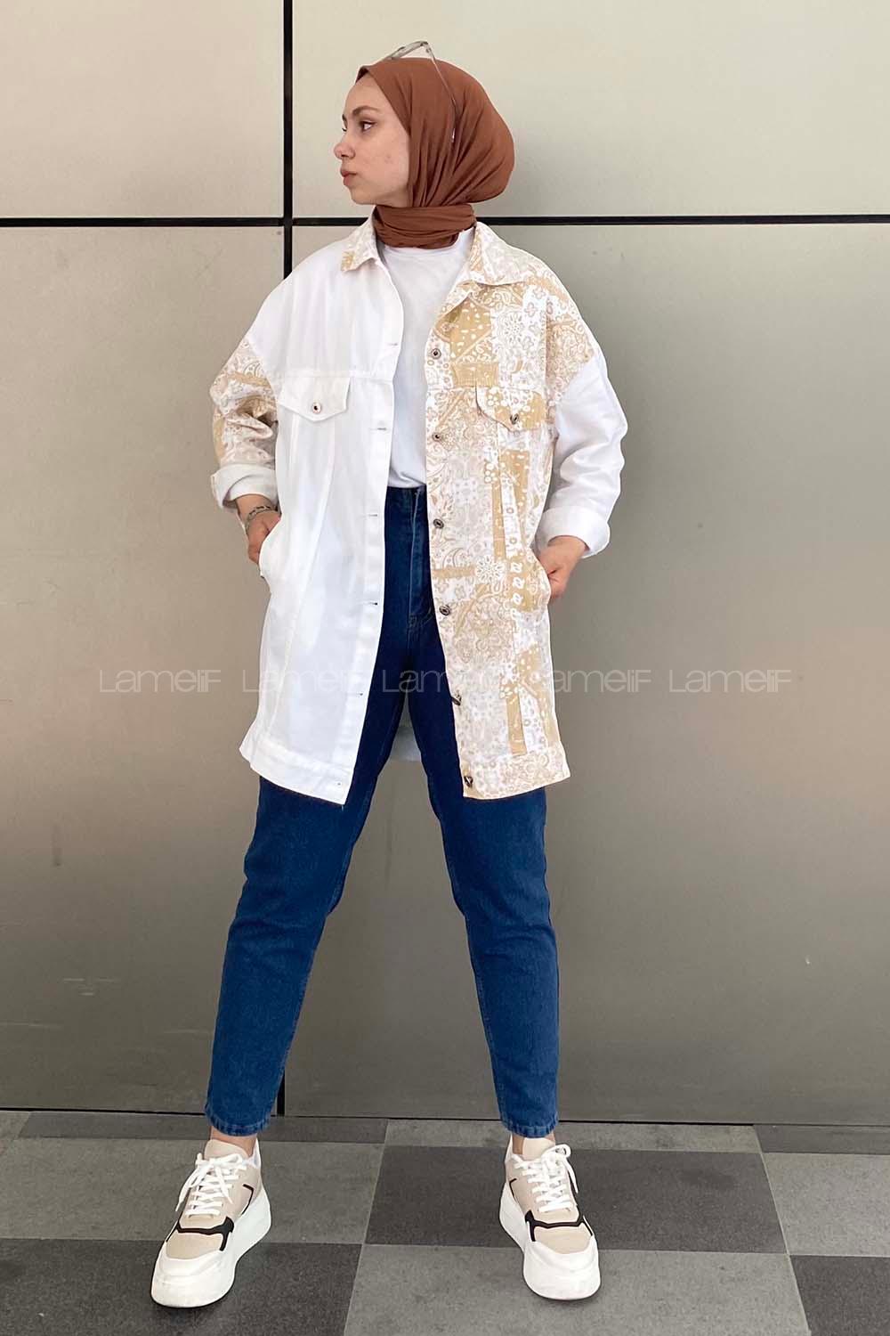 Modalamelif Önü Düğmeli Etnik Desen Ceket Garnili Ekru-Bej