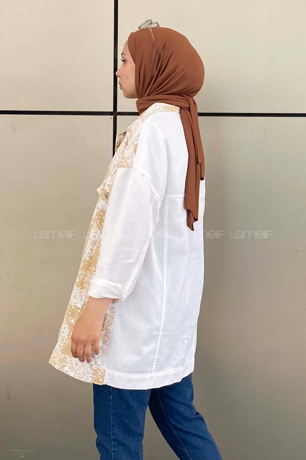 Modalamelif Önü Düğmeli Etnik Desen Ceket Garnili Ekru-Bej