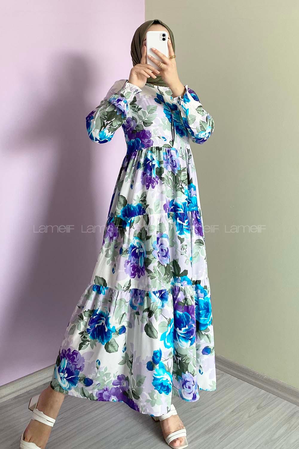 Modalamelif Önü Gizli Yarım Düğmeli Çiçekli Fırfır Detaylı İndigo