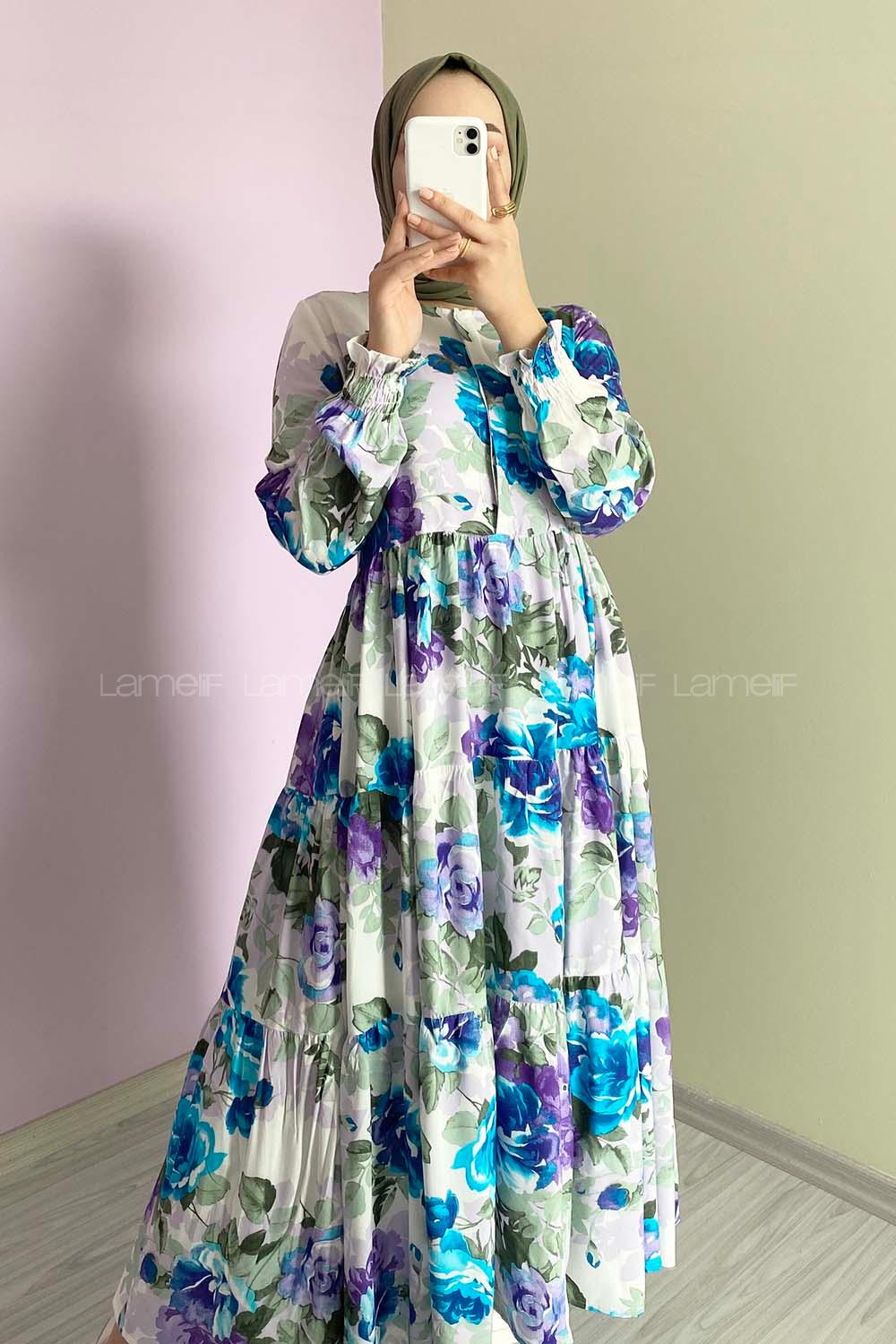 Modalamelif Önü Gizli Yarım Düğmeli Çiçekli Fırfır Detaylı İndigo