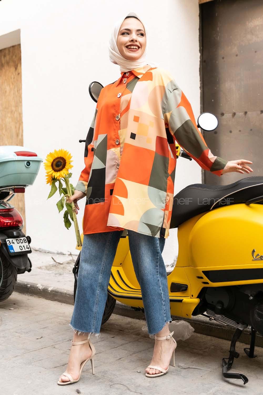 Modalamelif Şal Desen Baskılı Gömlek Oranj
