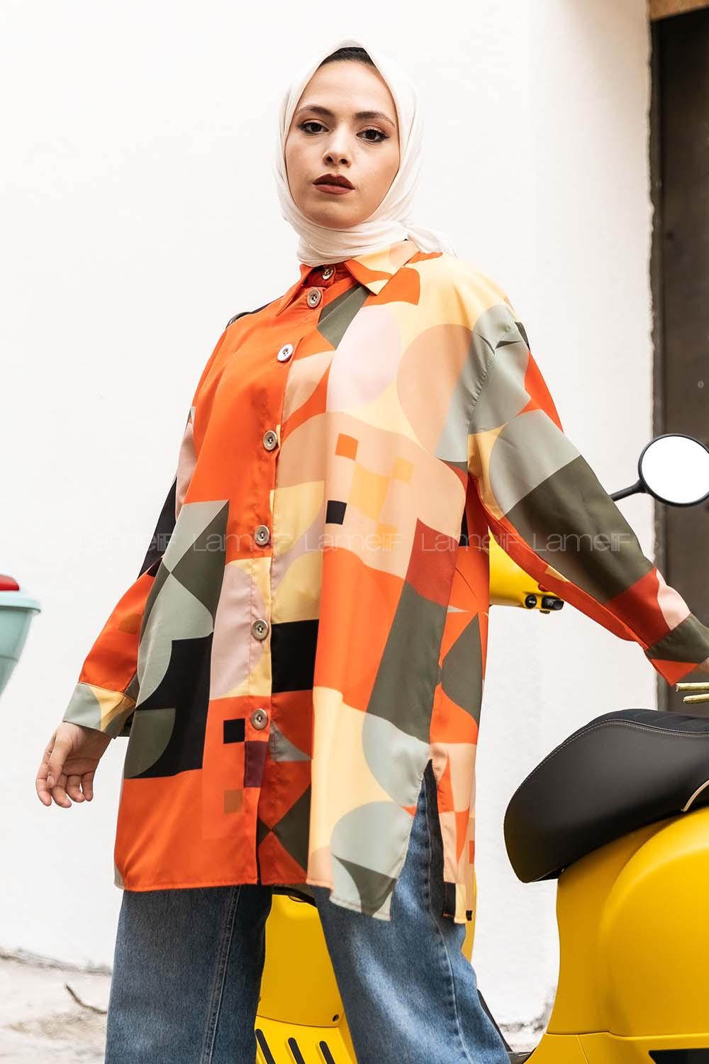 Modalamelif Şal Desen Baskılı Gömlek Oranj