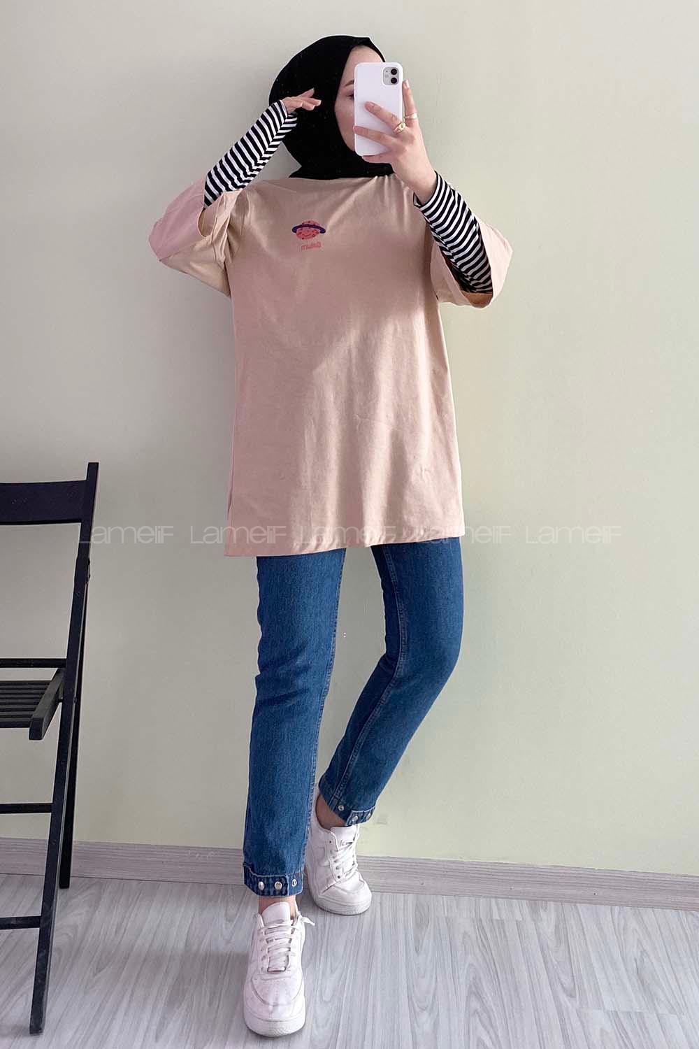 Modalamelif Satürn Nakışlı Oversize T-Shirt Bej