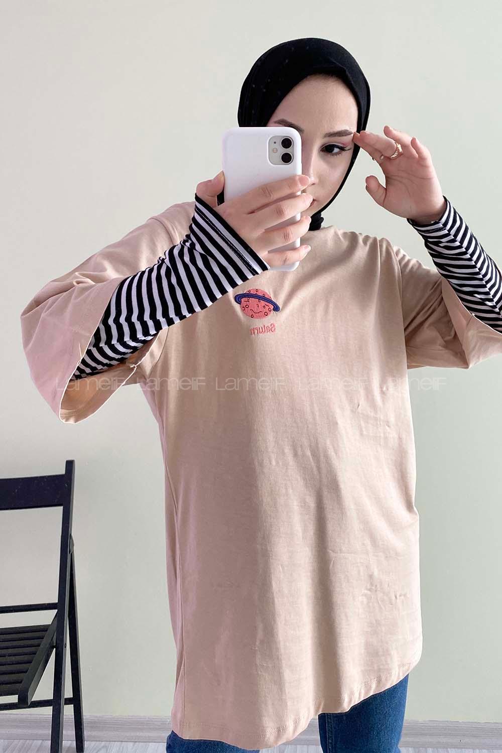 Modalamelif Satürn Nakışlı Oversize T-Shirt Bej