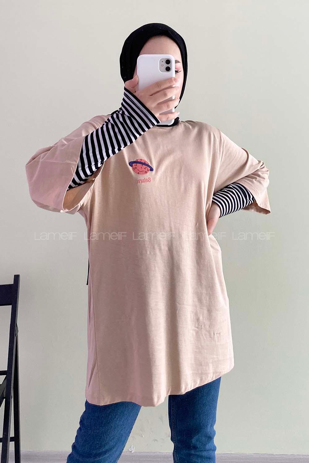 Modalamelif Satürn Nakışlı Oversize T-Shirt Bej