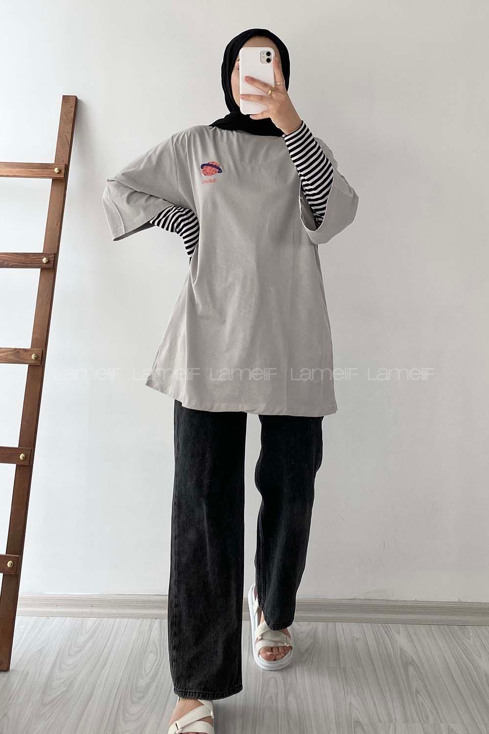 Modalamelif Satürn Nakışlı Oversize T-Shirt Gri